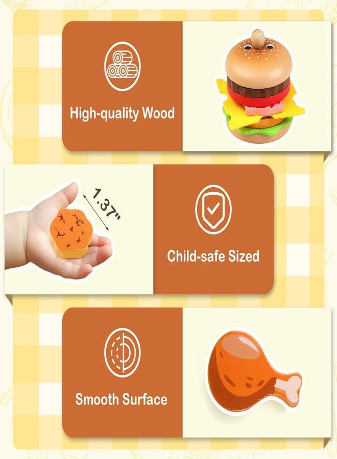 Gserin Wooden Hamburger Play Food Set for Kids, Fast Food Playset with Tray, Pretend Play Kitchen Accessories for Toddlers - Image 4